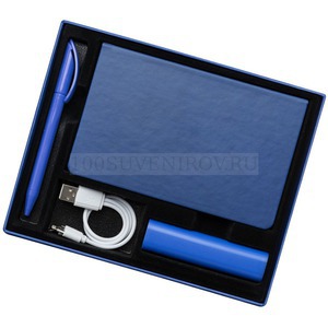 Фото Деловой синий набор из пластика PLUS в подарочной коробке: недатированный ежедневник, внешний аккумулятор, ручка шариковая
