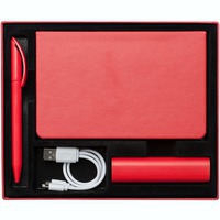 Деловой набор красный из картона PLUS в подарочной коробке: недатированный ежедневник, внешний аккумулятор, ручка шариковая