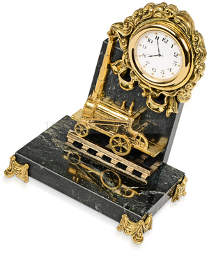 Фото Бронзовый настольный прибор с часами "ПЕРВЫЙ ПАРОВОЗ" из натурального камня