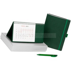 Фото Зеленый набор из кожи ответственного сотрудника "ПРОВЕРЕНО ВРЕМЕНЕМ": настольный календарь, датированный ежедневник, ручка