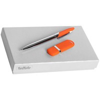 Набор оранжевый из пластика HAND HUNTER GIVE, 16 Гб: ручка, флешка софт-тач