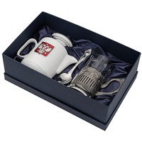 Чайный набор Эгоист: подстаканник, хрустальный стакан, ложка, фарфоровый чайник с гербом с подарочной коробке