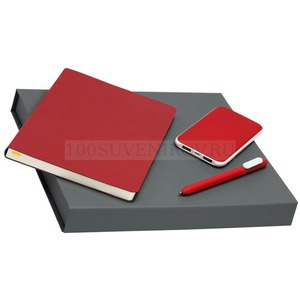 Фото Деловой красный набор из кожи FLEX SHALL: ежедневник, ручка, зарядник