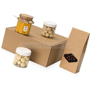 Фото Продуктовый подарочный набор коричневый HONEY TASTY SUPERIOR: чай черный, клубника и малитна в йогуртовой глазури, крем-мед с ягодами годжи