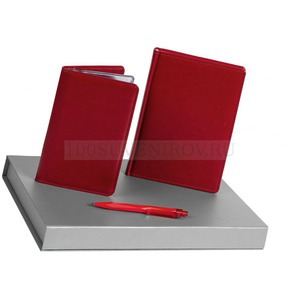 Фото Красный набор из кожи NEBRASKA TRIO: недатирпованный ежедневник, визитница, ручка