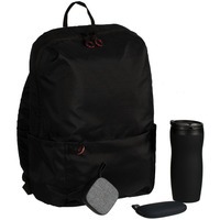Набор черный из пластика CITY PILGRIM в рюкзаке: термостакан, зарядник, колонка