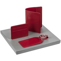 Набор красный из кожи NEBRASKA TRAVEL: обложка для паспорта, багажная бирка, чехол для карточек