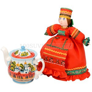 Фото Подарочный набор Кремлевский: кукла на чайник, чайник заварной с росписью (красный, разноцветный)