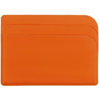 Горизонтальный оранжевый чехол для карточек DORSET из искусственной кожи, три отделения для карточек, 10х7,2 см. Тиснение бесцветное, полноцветная уф-печать.