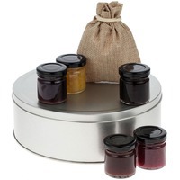 Корпоративный сладкий новогодний набор Jammy Taster: 5 баночек варенья и чай в холщовом мешочке.