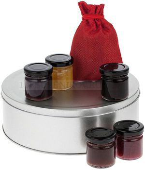 Фото Корпоративный сладкий новогодний набор Jammy Taster: 5 баночек варенья и чай в холщовом мешочке.  (красный)