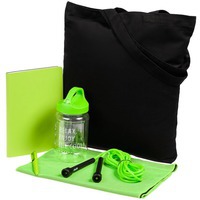 Набор Workout в холщовой сумке: скакалка, охлаждающее полотенце, недатированный ежедневник, шариковая ручка. , зеленый