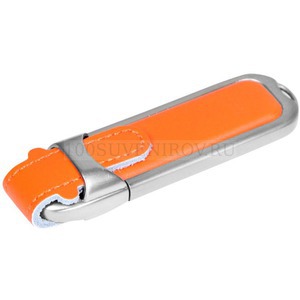 Фото Оранжевая флешка USB 3.0 на 128 Гб с массивным классическим кожаным корпусом с металлическими вставками. Гравировка, тампопечать (оранжевый, серебристый)