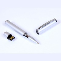 Серебристая металлическая флешка-ручка 2.0 на 8 Гб с мини чипом, d1,4 х 14,1 см. нанесение логотипа - гравировка, тампопечать.