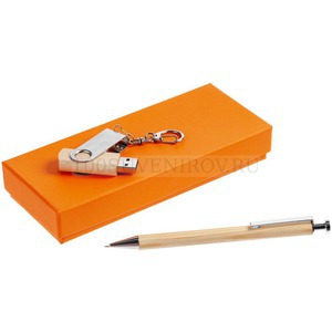 Фото Подарочный набор WoodLine: ручка из дерева, деревянная поворотная флешка 8 Гб (оранжевый)