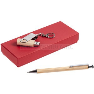 Фото Подарочный набор WoodLine: ручка из дерева, деревянная поворотная флешка 8 Гб (красный)