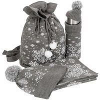 Новогодний подарочный набор Snow Fairy: вязаные шапка и шарф, термос, чехол для термоса с колпачком и помпоном, вязаная сумка