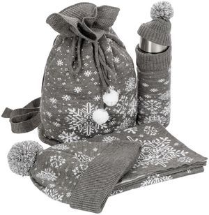 Фото Новогодний подарочный набор Snow Fairy: вязаные шапка и шарф, термос, чехол для термоса с колпачком и помпоном, вязаная сумка «Teplo» (серый)