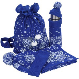 Фото Новогодний подарочный набор Snow Fairy: вязаные шапка и шарф, термос, чехол для термоса с колпачком и помпоном, вязаная сумка «Teplo» (синий)