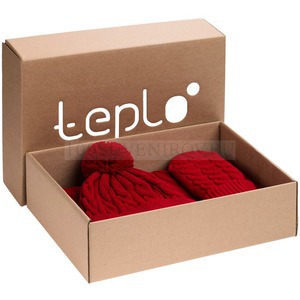 Фото Теплый набор Heat Trick: шапка с помпоном, шарф и варежки с косами M «Teplo» (красный)