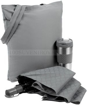 Фото Стильный подарочный набор Hard Work — Walk Out с зонтом: термокружка, складной зонт, сумка.  (серый)