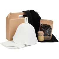 банный набор Russian Spa, с черным полотенцем: войлочная шапка, рукавица, коврик для бании, мед, чай. 