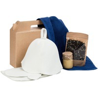 Банный набор Russian Spa, с синим полотенцем: войлочная шапка, рукавица, коврик для бании, мед, чай.