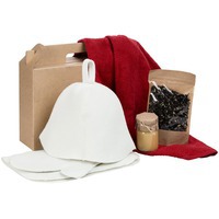 Банный набор Russian Spa, с красным полотенцем: войлочная шапка, рукавица, коврик для бании, мед, чай. 