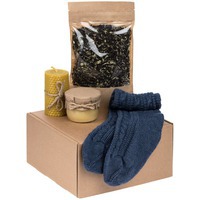 Подарочный набор Warmkeeper с чаем и медом: вязанные носки, крем-мед с имбирем, чай с чабрецом, свеча для уюта., синий