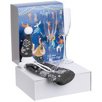 Подарочный новогодний набор Snowbound с бокалами для шампанского и новогодним чехлом на бутылку с колпачком и помпоном и витражные бокалы