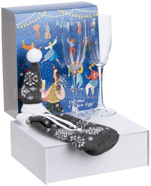 Фото Подарочный новогодний набор Snowbound с бокалами для шампанского и новогодним чехлом на бутылку с колпачком и помпоном (серый)