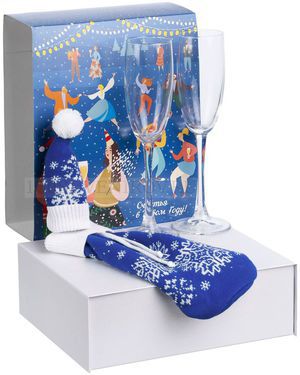 Фото Подарочный новогодний набор Snowbound с бокалами для шампанского и новогодним чехлом на бутылку с колпачком и помпоном (синий)