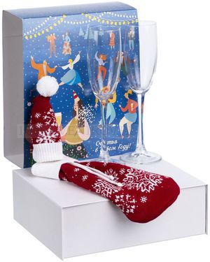 Фото Подарочный новогодний набор Snowbound с бокалами для шампанского и новогодним чехлом на бутылку с колпачком и помпоном (красный)