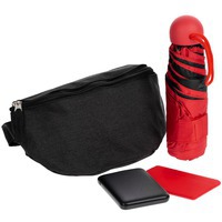 Набор с зарядным устройством Urban Pack: внешний аккумулятор 5000 мАч, складной зонт, чехол для карточек в поясной сумке, черный с красным
