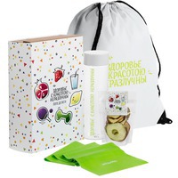Подарочный набор для йога ЗДОРОВО И КРАСИВО в рюкзаке: эспандер ленточный для йоги, сушеные яблоки, бутылка для воды.