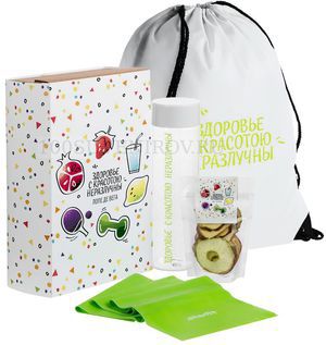 Фото Подарочный набор для йога ЗДОРОВО И КРАСИВО в рюкзаке: эспандер ленточный для йоги, сушеные яблоки, бутылка для воды.
