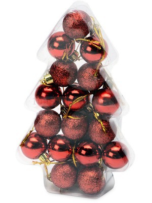 Фото Набор новогодних мини-шаров в футляре-елочке, 17 шт, шарик - d3 х 4,3 см  (красный)