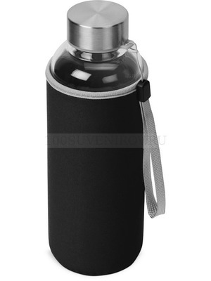 Фото Стеклянная бутылка для воды PURE c неопреновым чехлом, 420мл., d6,5 х 20,1 (± 0,4) см. Предусмотрено нанесение логотипа на бутылку и на чехол.   (прозрачный, черный)