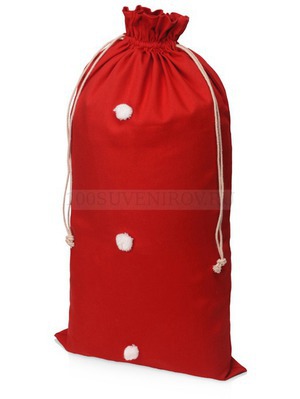 Фото Красный новогодний мешок с помпонами для подарков, 35,5 х 68 см. 