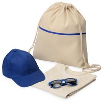 Набор для прогулок SHINY DAY: рюкзак-мешок 37 х 41 см, футболка мужская, бейсболка ОГ 57 см, очки 14,5 х 15 х 4,9 см. Логотип можно нанести на любую часть набора., рюкзак- натуральный/синий, футболка- натуральный, бейсболка- синий, очки- синий, 2XL
