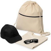 Набор для прогулок SHINY DAY: рюкзак-мешок 37 х 41 см, футболка мужская, бейсболка ОГ 57 см, очки 14,5 х 15 х 4,9 см. Логотип можно нанести на любую часть набора., рюкзак- натуральный/черный, футболка- натуральный, бейсболка- черный, очки- черный, 2XL