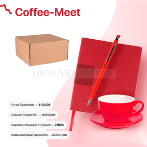 Фото Набор подарочный COFFEE-MEET: бизнес-блокнот, ручка, чайная/кофейная пара, коробка, стружка, красный