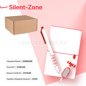 Фото Набор подарочный SILENT-ZONE: бизнес-блокнот, ручка, наушники, коробка, стружка, бело-красный