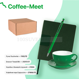 Фото Набор подарочный COFFEE-MEET: бизнес-блокнот, ручка, чайная/кофейная пара, коробка, стружка, зеленый