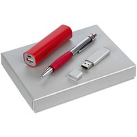 Набор KEYMART с зарядным устройством. В наборе: флешка 16 гб, шариковая ручка, зарядник, 2000 мАч., красный
