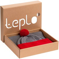 Вязанный набор Snappy: шарф, шапка с помпоном с контрастной отделкой, светло-серый с красным