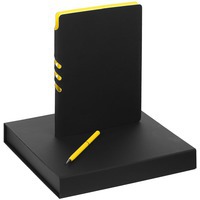 Стильный велком-набор Flexpen Black: черный недатированный ежедневник с гибкой обложкой с яркой контрастной отделкой, шариковая ручка в тон отделке. 