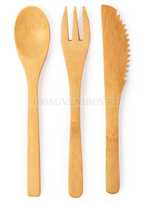 Фото Набор PLUSIN: ложка, вилка, нож в чехле, 6,5х22х1см, бамбук, хлопок (коричневый, бежевый)