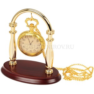 Фото Часы с цепочкой на подставке, подставка 10,6 х 5,8 х 11,3 см, часы d5,1 х 1,4 см, цепочка 37 см (золотистый, красное дерево)