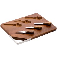 Стильный набор для нарезки и сервировки сыра КАВАЛЬЕ из древесины акации с удобным ушком для подвеса: разделочная/сервировочная доска, ножи и вилка для сыра.